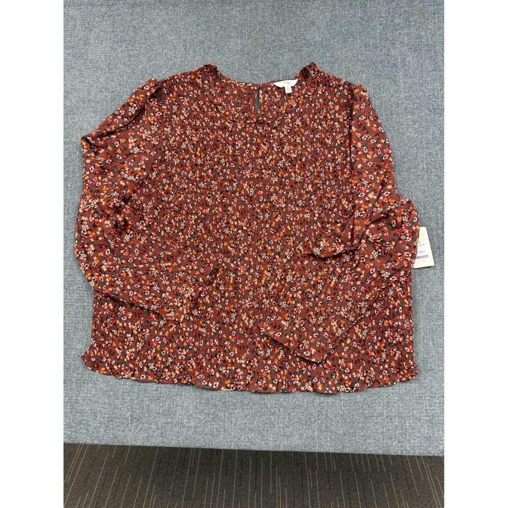 Terra & Sky Womens 4X Smocked Top Brown Floral Long Sleeve Blouse TS42100042893